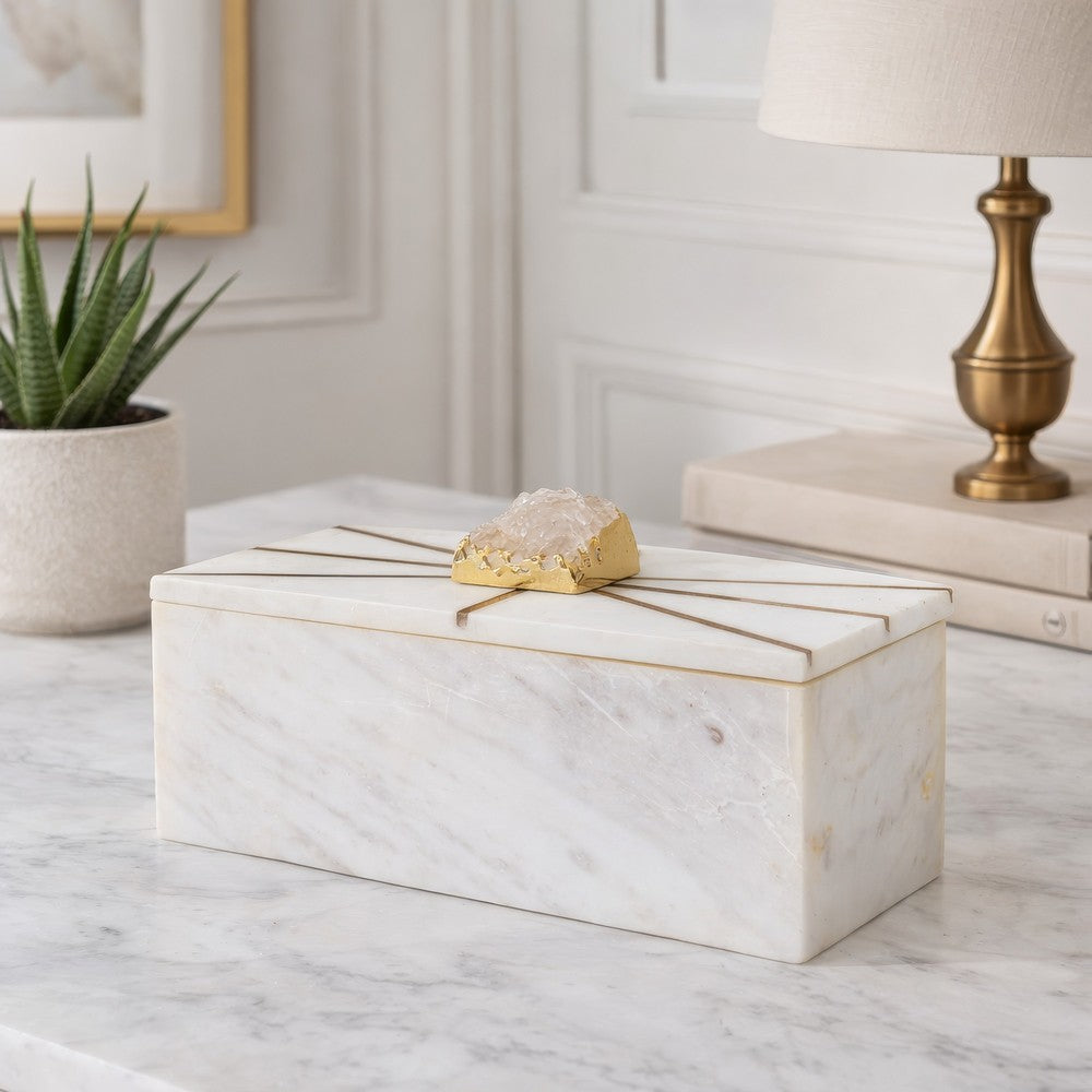 Decorative Storage Box with Gold Amethyst Handle | 8" White Marble