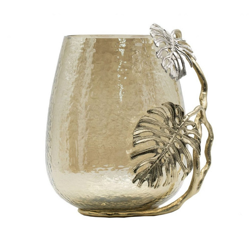 Azra Decorative Vase w Aluminum Leaf Handle | Gold-Silver Glass 11"