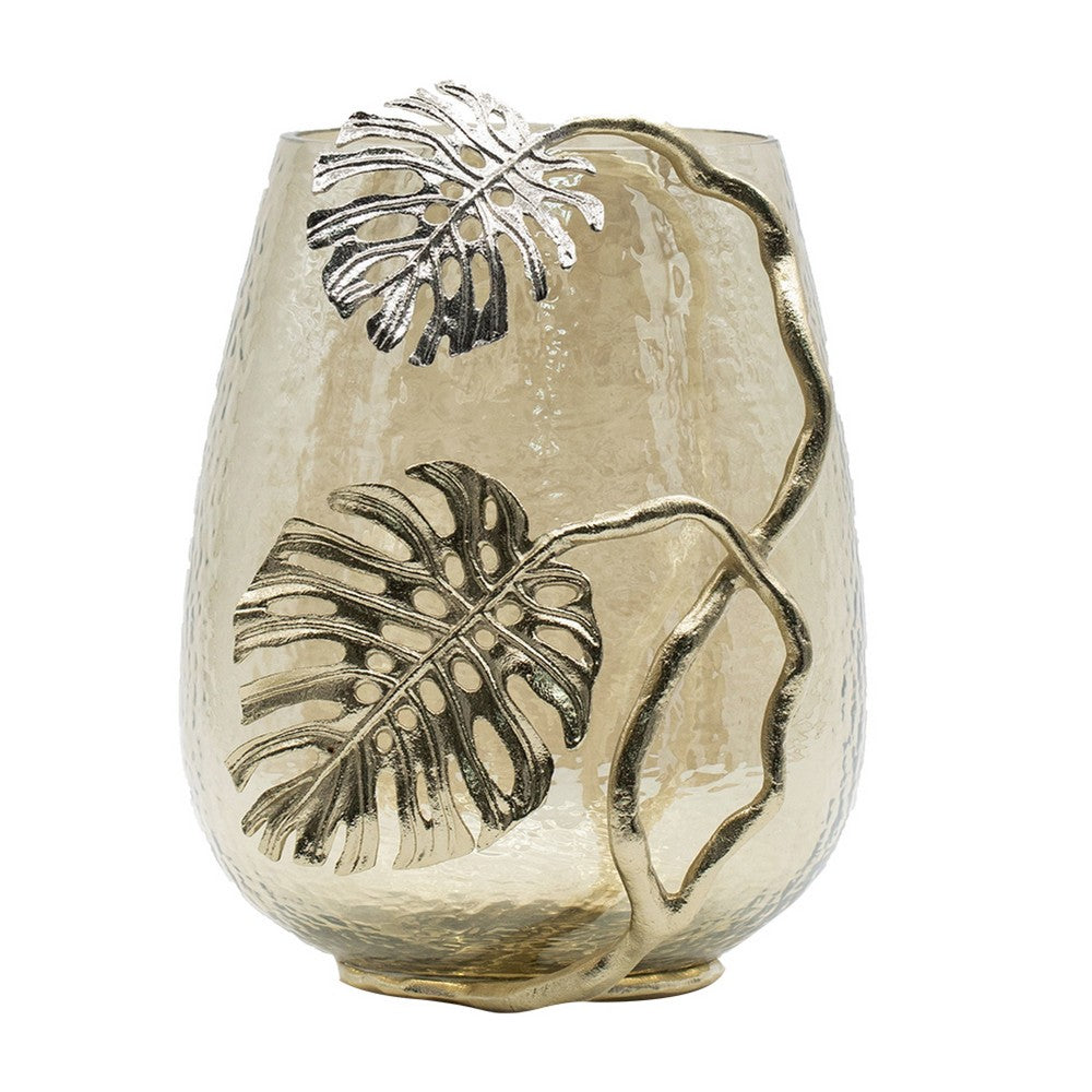 Azra Decorative Vase w Aluminum Leaf Handle | Gold-Silver Glass 11"