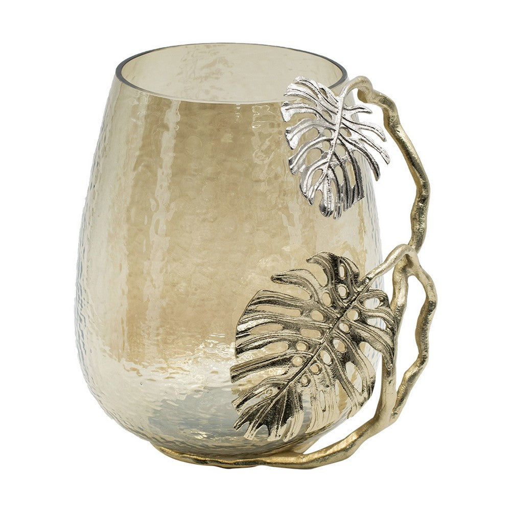 Azra Decorative Vase w Aluminum Leaf Handle | Gold-Silver Glass 11"