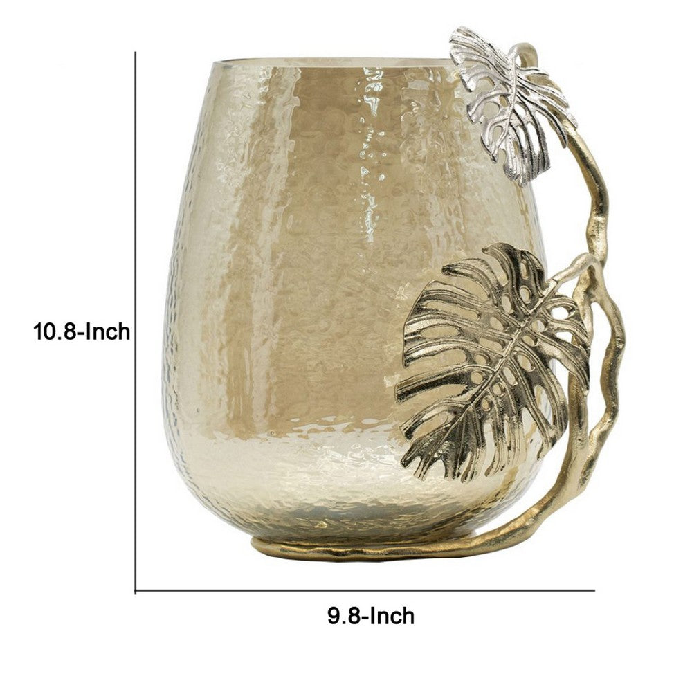 Azra Decorative Vase w Aluminum Leaf Handle | Gold-Silver Glass 11"