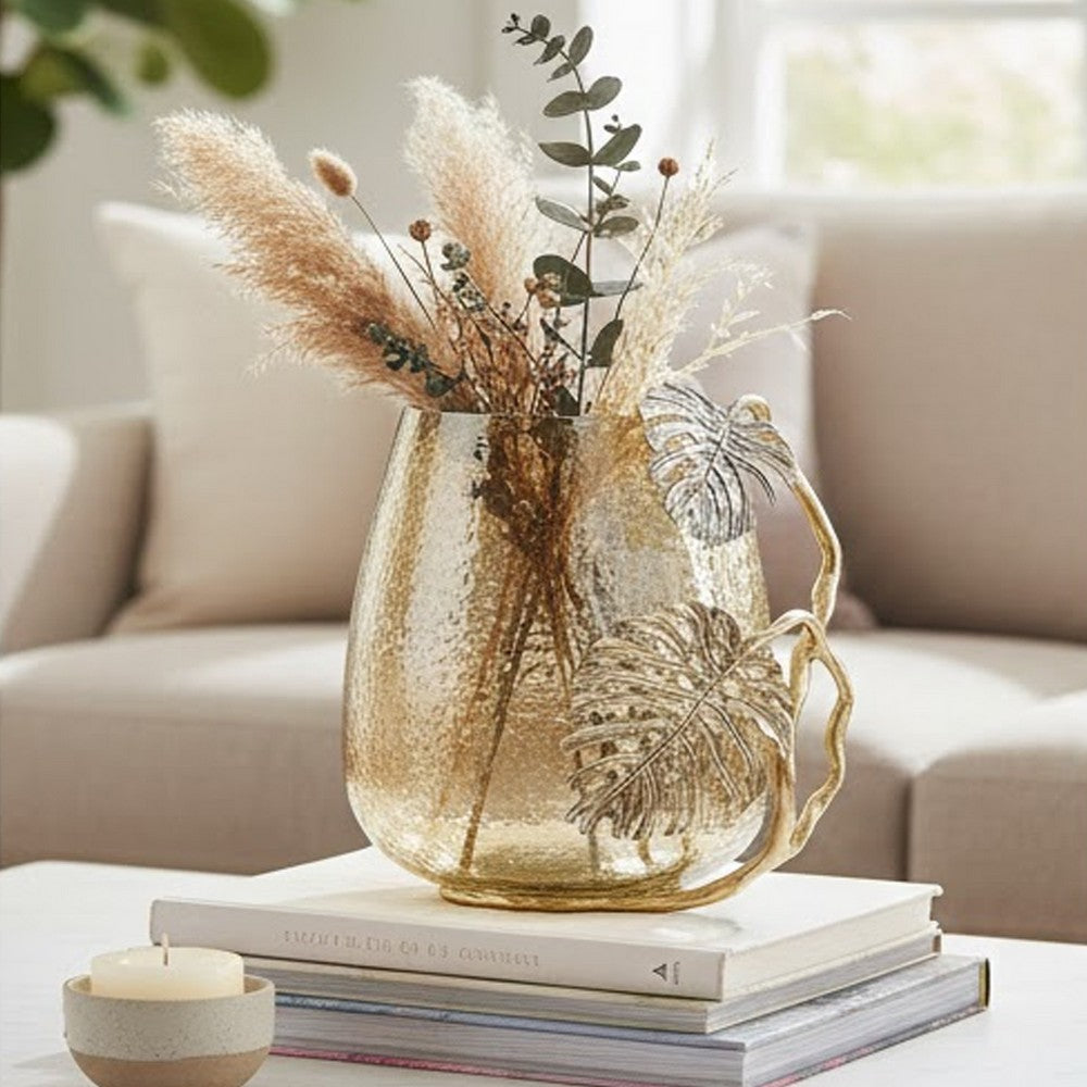 Azra Decorative Vase w Aluminum Leaf Handle | Gold-Silver Glass 11"
