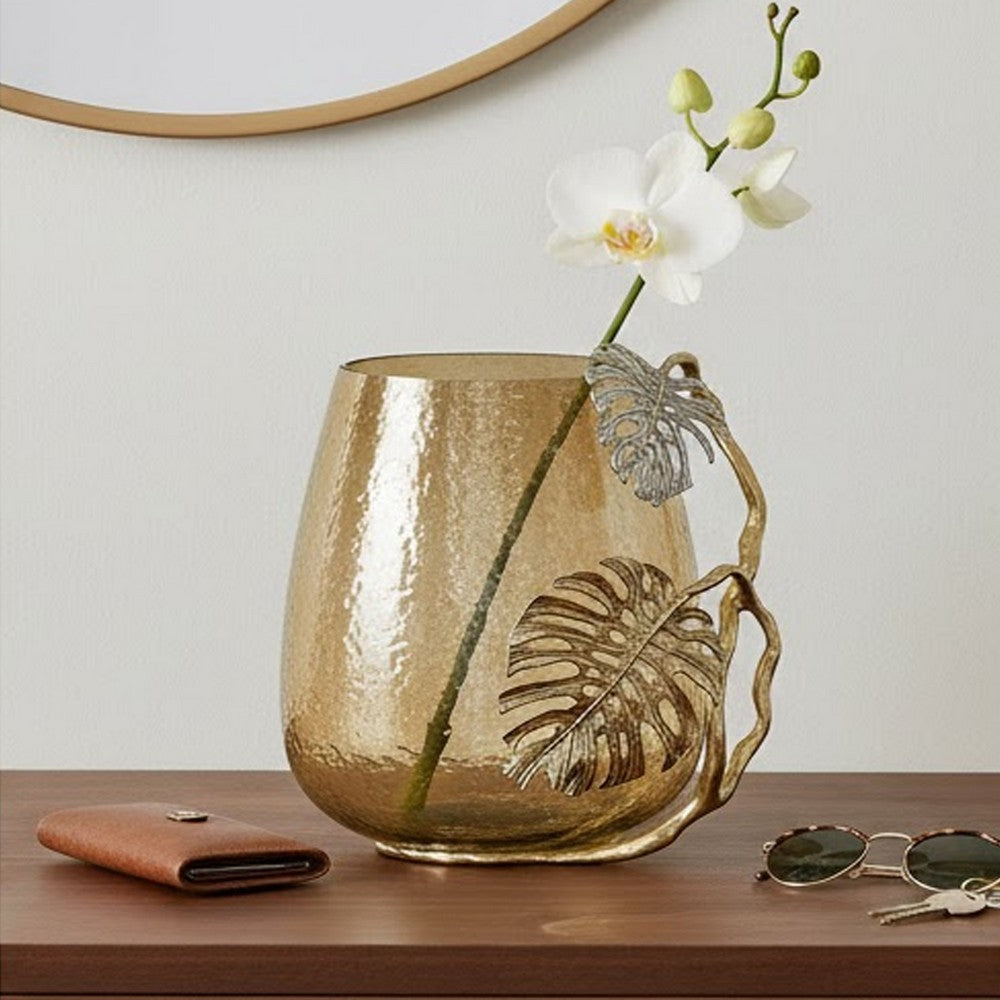 Azra Decorative Vase w Aluminum Leaf Handle | Gold-Silver Glass 11"