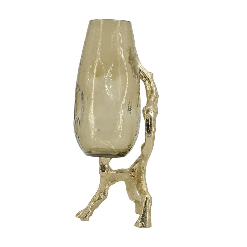 Dyna Decorative Vase w Branch Style Base | Aluminum | Gold Glass 18"