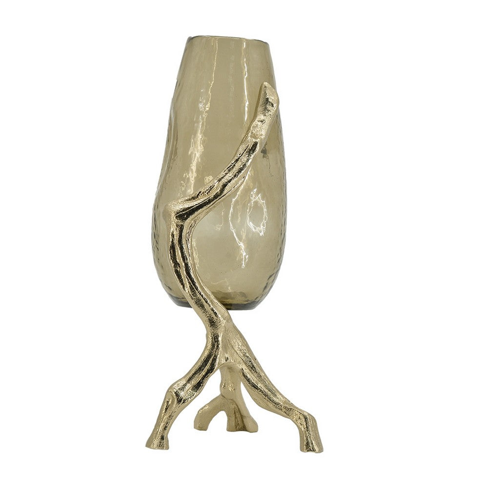 Dyna Decorative Vase w Branch Style Base | Aluminum | Gold Glass 18"