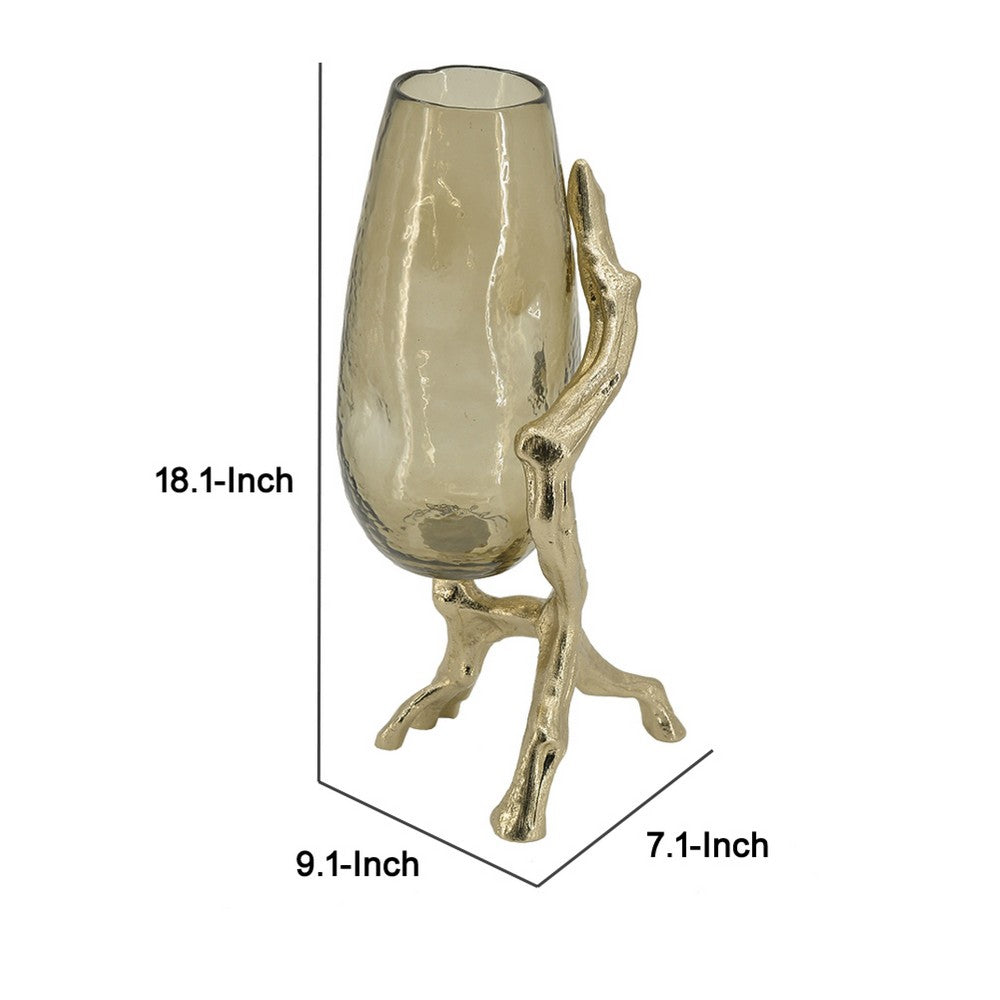Dyna Decorative Vase w Branch Style Base | Aluminum | Gold Glass 18"