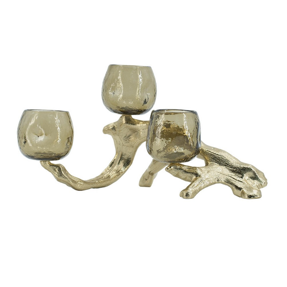Dyna Votive w 3 Holders | Multiple Branches Accent Base | Gold Glass 16"