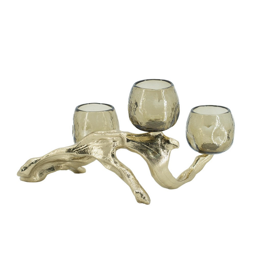 Dyna Votive w 3 Holders | Multiple Branches Accent Base | Gold Glass 16"