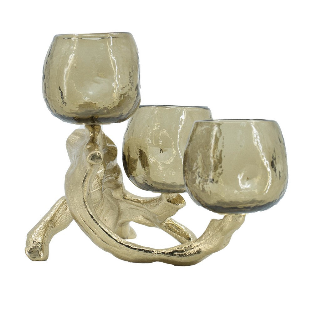 Dyna Votive w 3 Holders | Multiple Branches Accent Base | Gold Glass 16"