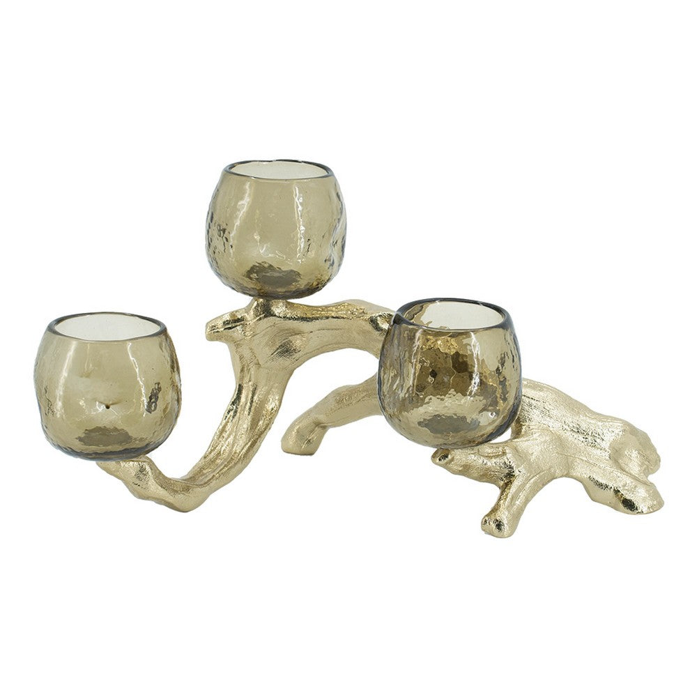 Dyna Votive w 3 Holders | Multiple Branches Accent Base | Gold Glass 16"