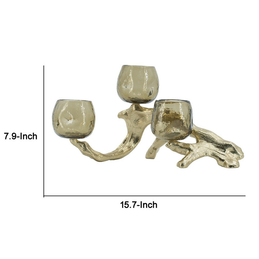 Dyna Votive w 3 Holders | Multiple Branches Accent Base | Gold Glass 16"