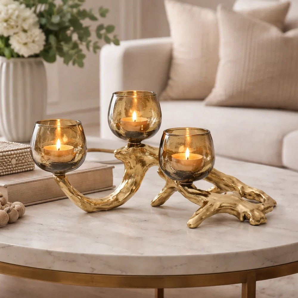 Dyna Votive w 3 Holders | Multiple Branches Accent Base | Gold Glass 16"