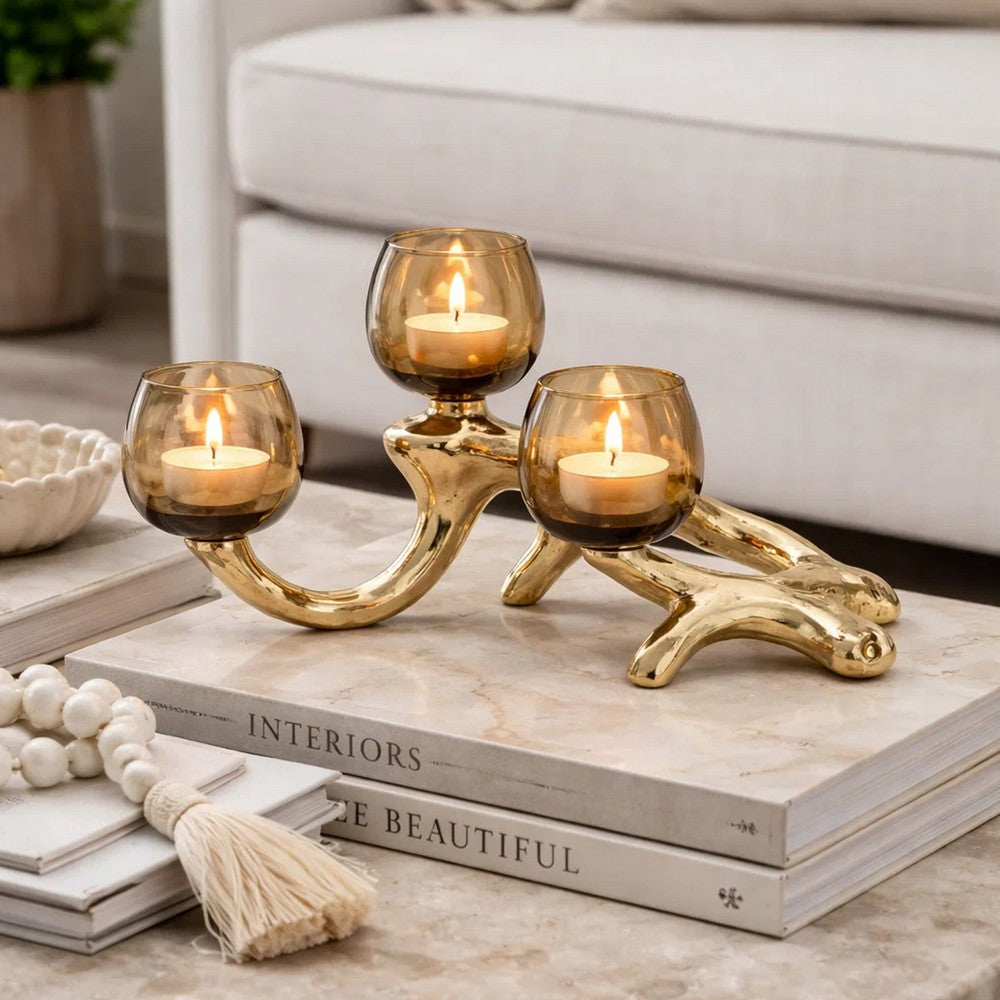 Dyna Votive w 3 Holders | Multiple Branches Accent Base | Gold Glass 16"