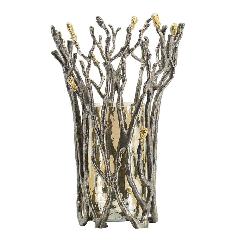 Akira Vase | Twig Inspired Frame | Aluminum-Glass | Silver-Gold | 14"
