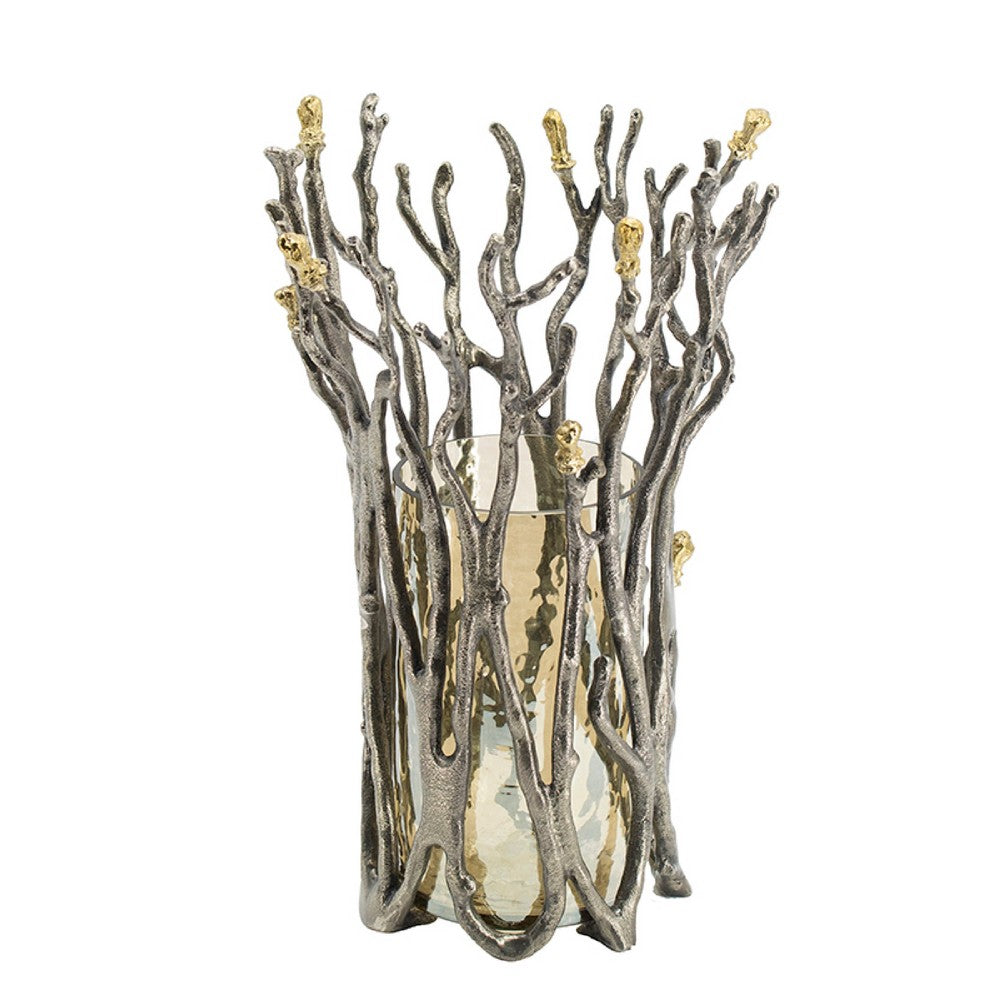 Akira Vase | Twig Inspired Frame | Aluminum-Glass | Silver-Gold | 14"