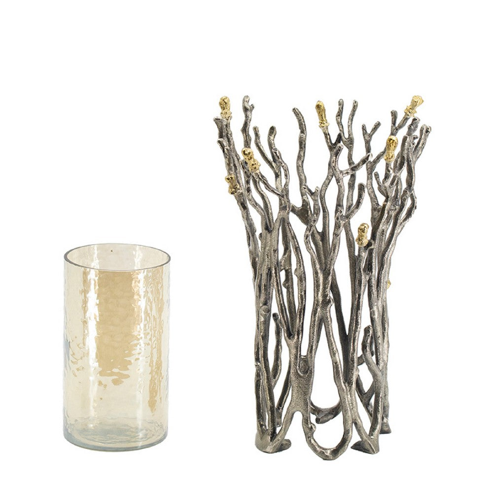 Akira Vase | Twig Inspired Frame | Aluminum-Glass | Silver-Gold | 14"