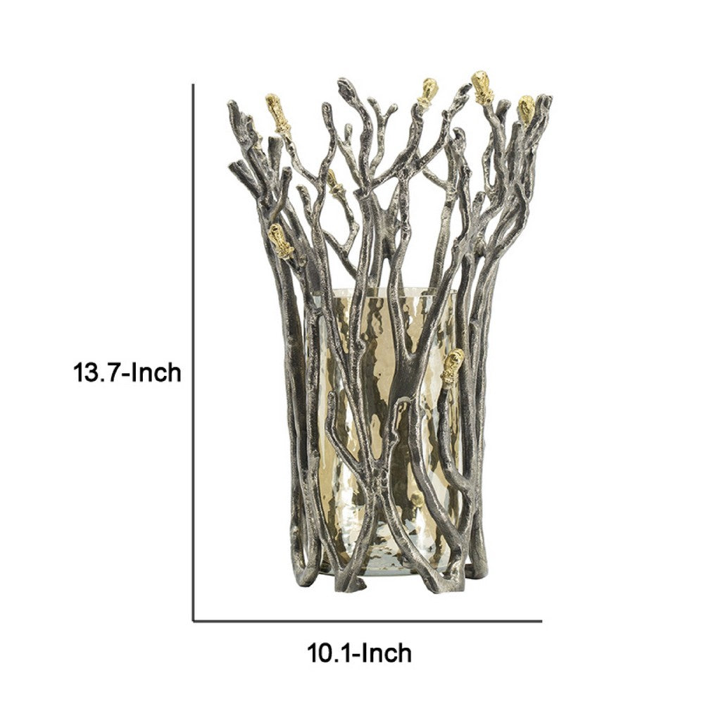 Akira Vase | Twig Inspired Frame | Aluminum-Glass | Silver-Gold | 14"