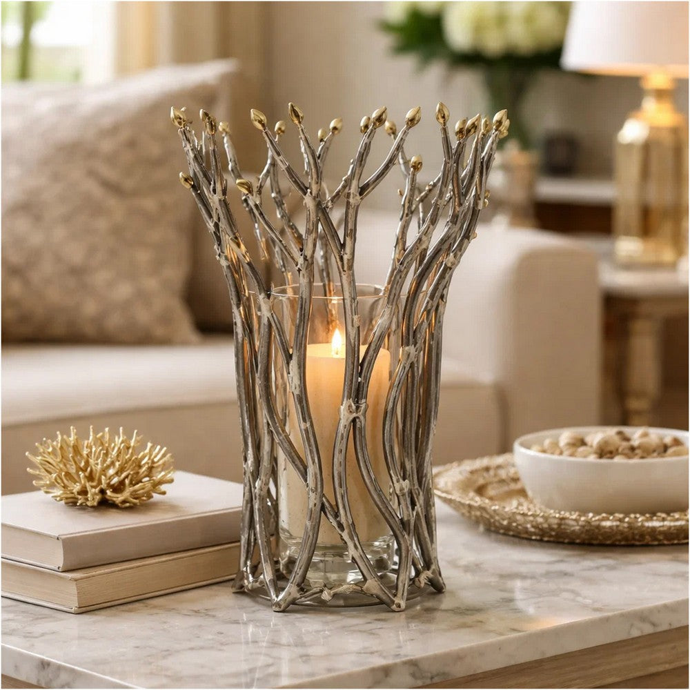Akira Vase | Twig Inspired Frame | Aluminum-Glass | Silver-Gold | 14"