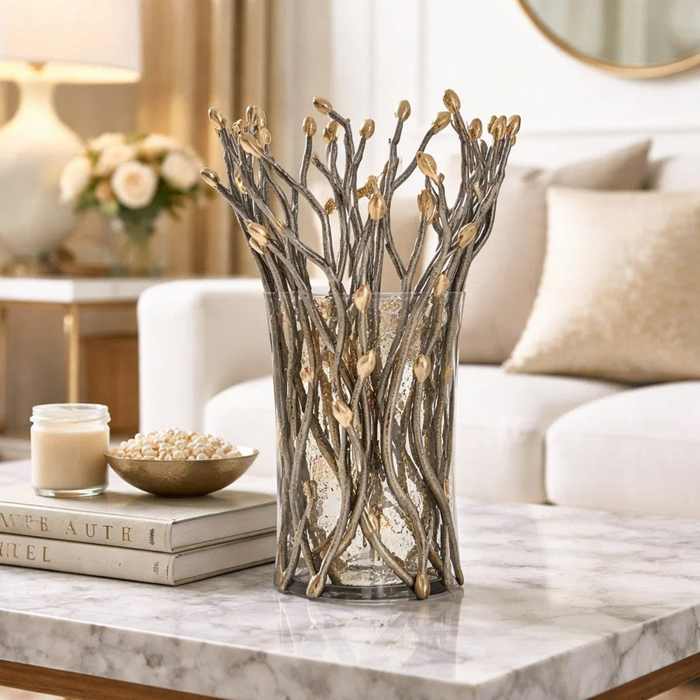 Akira Vase | Twig Inspired Frame | Aluminum-Glass | Silver-Gold | 14"