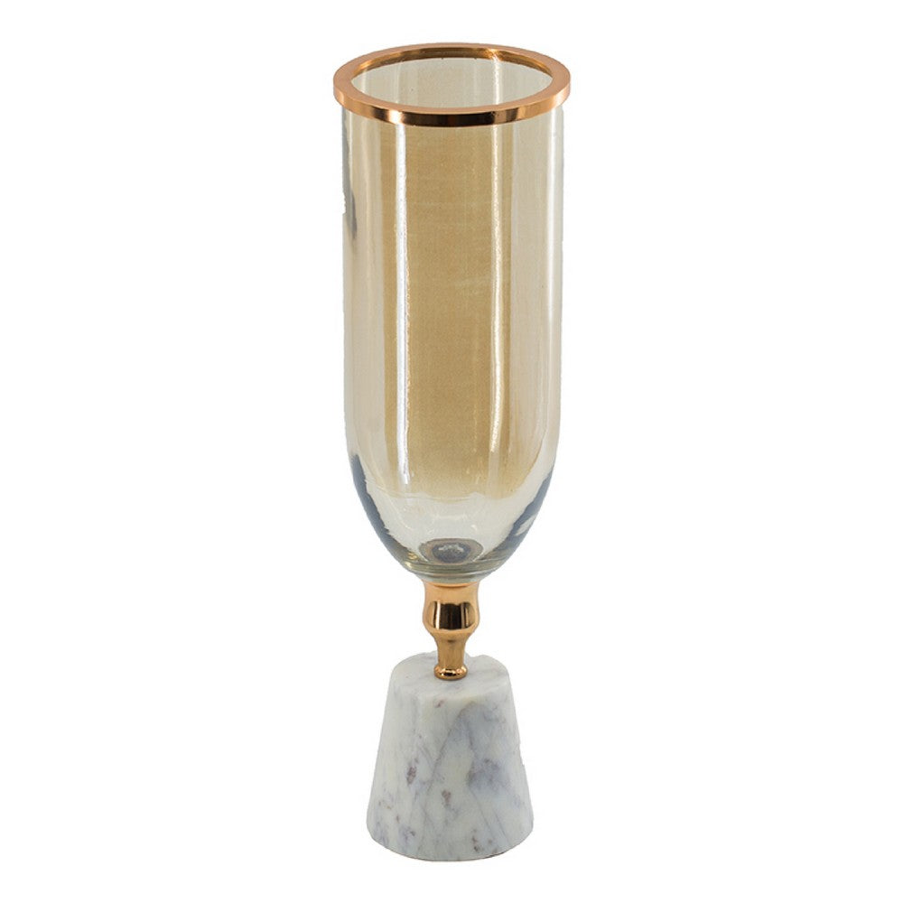 Kylie Decorative Vase w White Marble Base | Aluminum | Gold Glass 19"