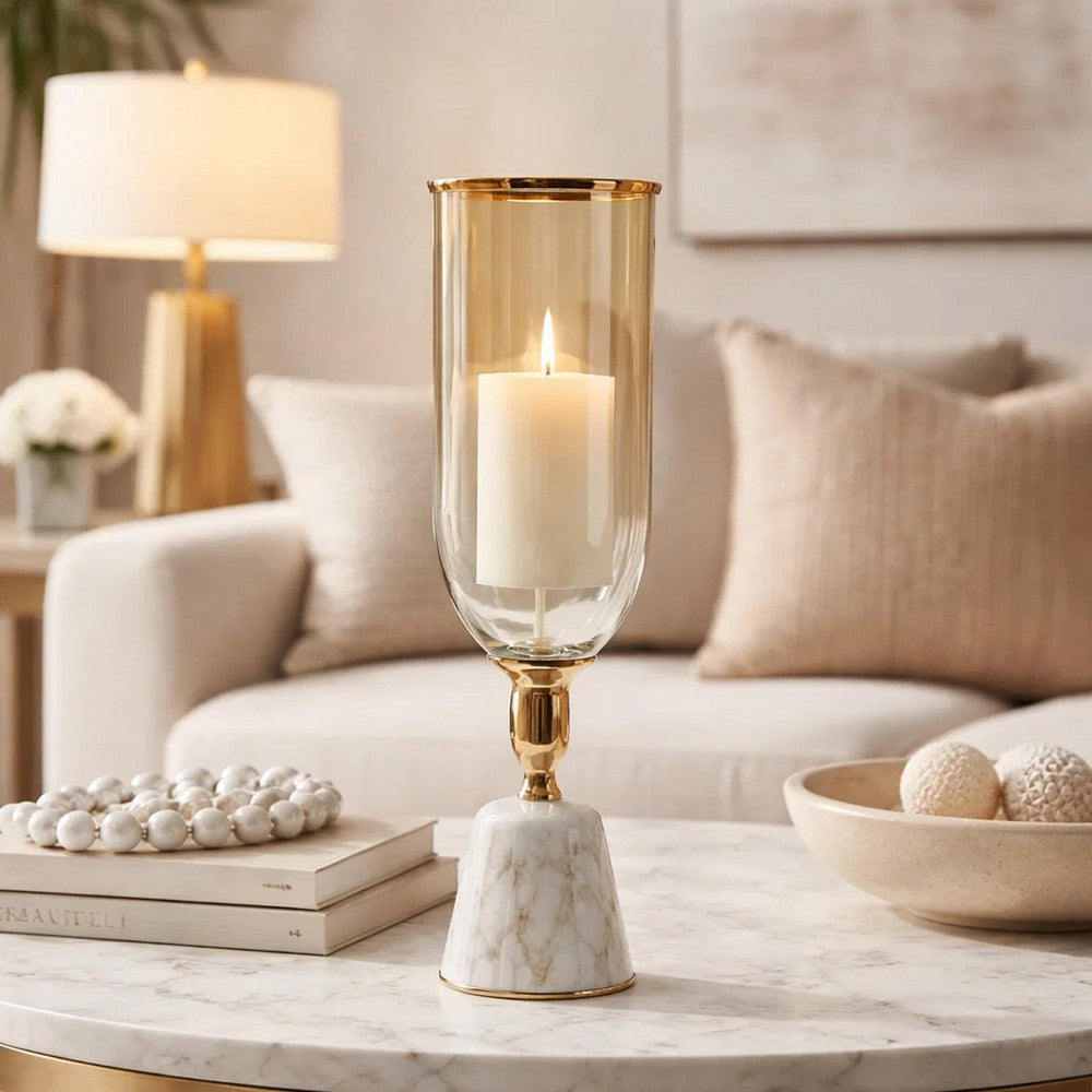 Kylie Decorative Vase w White Marble Base | Aluminum | Gold Glass 19"