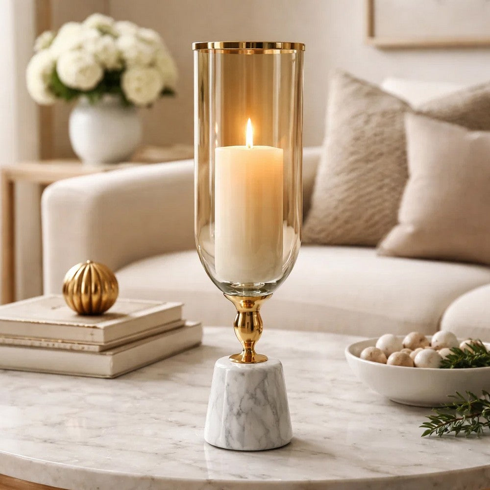 Kylie Decorative Vase w White Marble Base | Aluminum | Gold Glass 19"