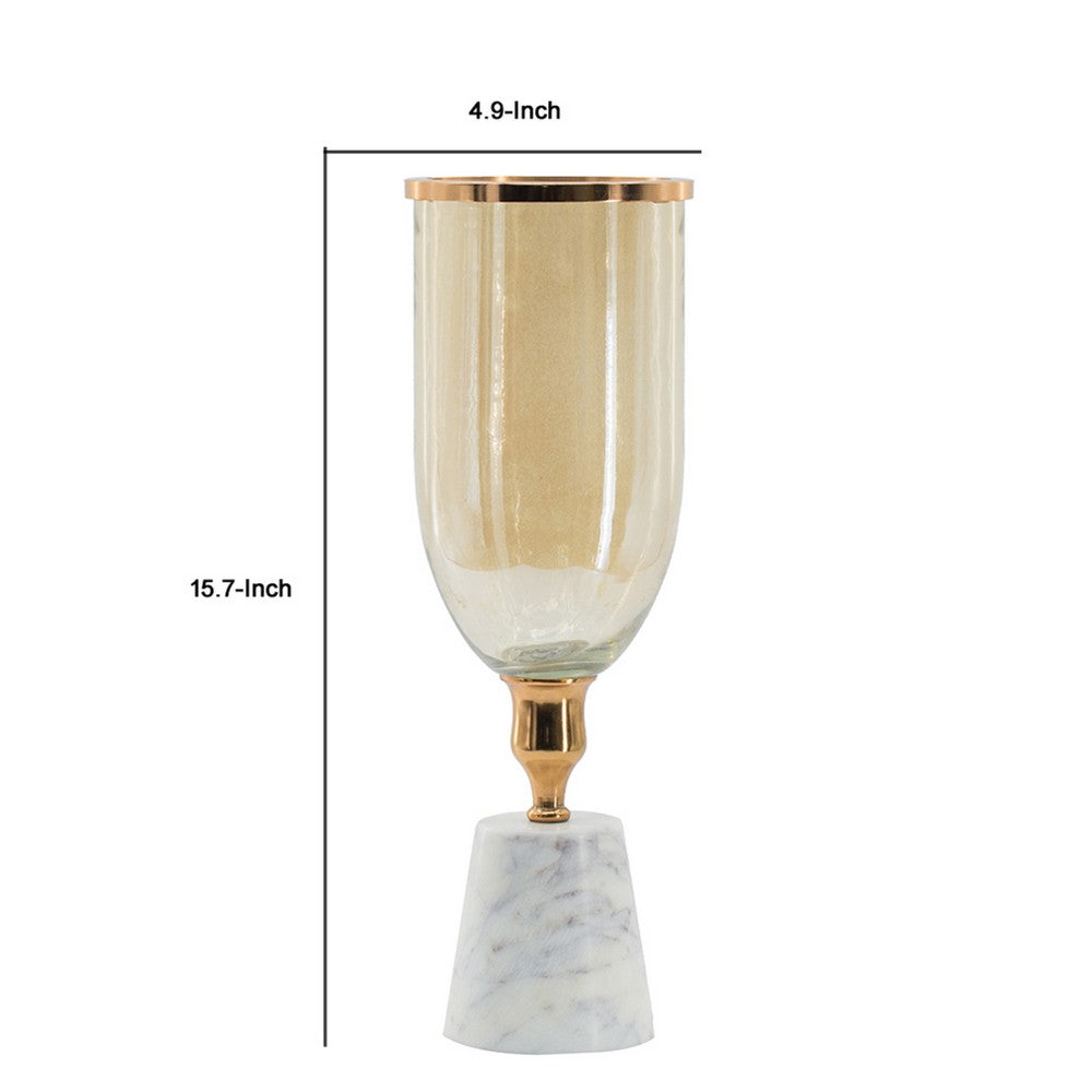 Kylie Decorative Vase w White Marble Base | Aluminum | Gold Glass 16"