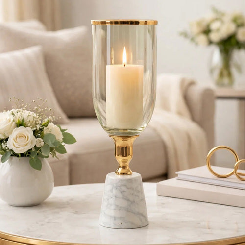 Kylie Decorative Vase w White Marble Base | Aluminum | Gold Glass 16"