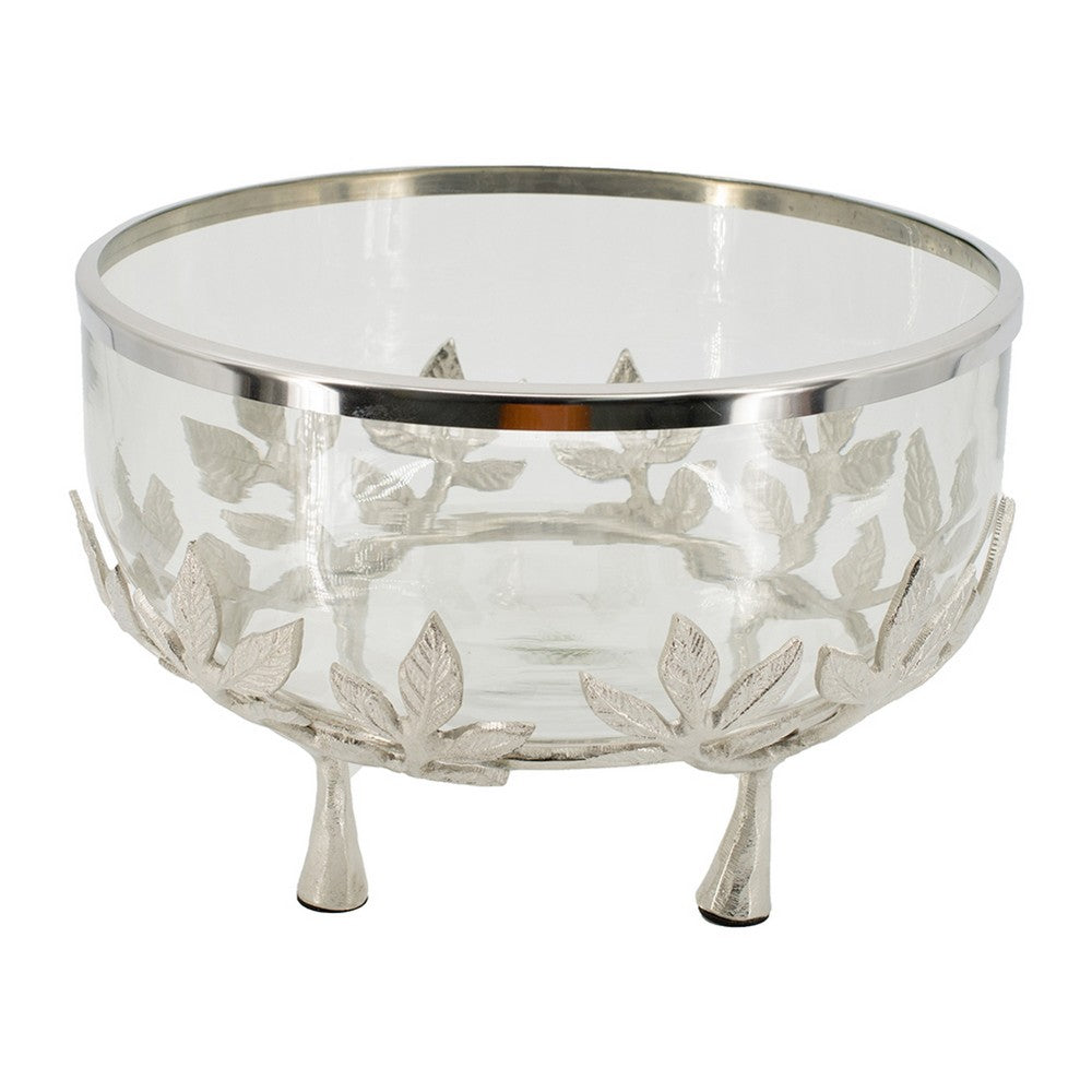 Dyna 13" Decorative Bowl w Fine Glass & Floral Silver Aluminum Stand