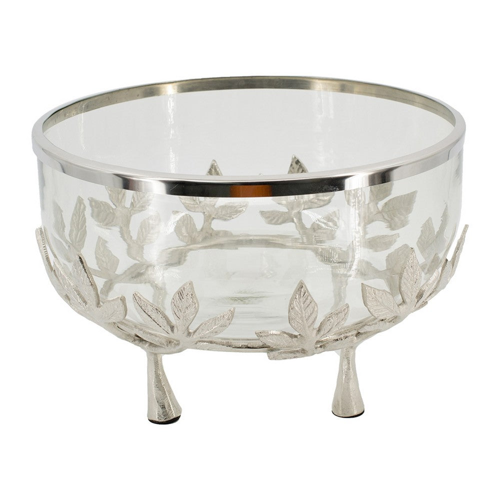 Dyna 13" Decorative Bowl w Fine Glass & Floral Silver Aluminum Stand