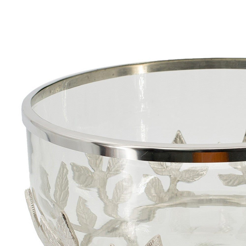 Dyna 13" Decorative Bowl w Fine Glass & Floral Silver Aluminum Stand