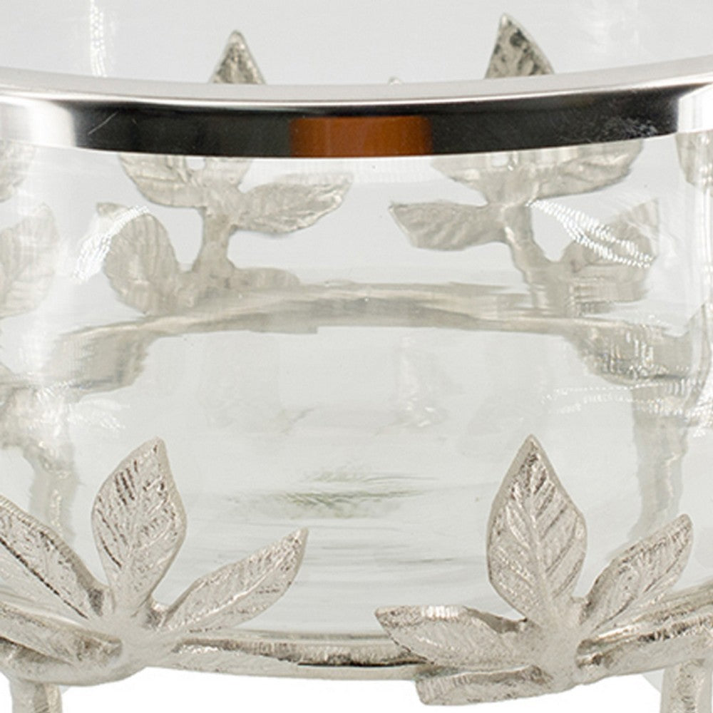 Dyna 13" Decorative Bowl w Fine Glass & Floral Silver Aluminum Stand