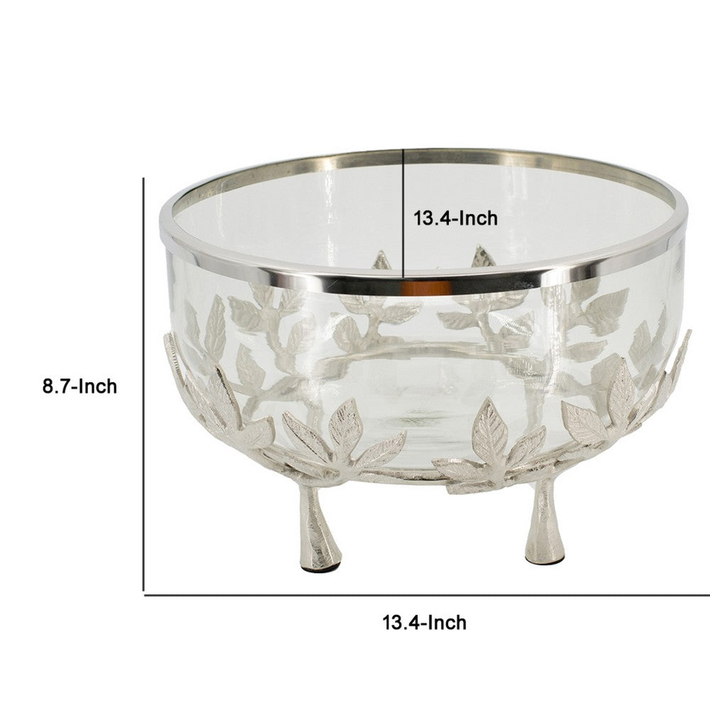 Dyna 13" Decorative Bowl w Fine Glass & Floral Silver Aluminum Stand