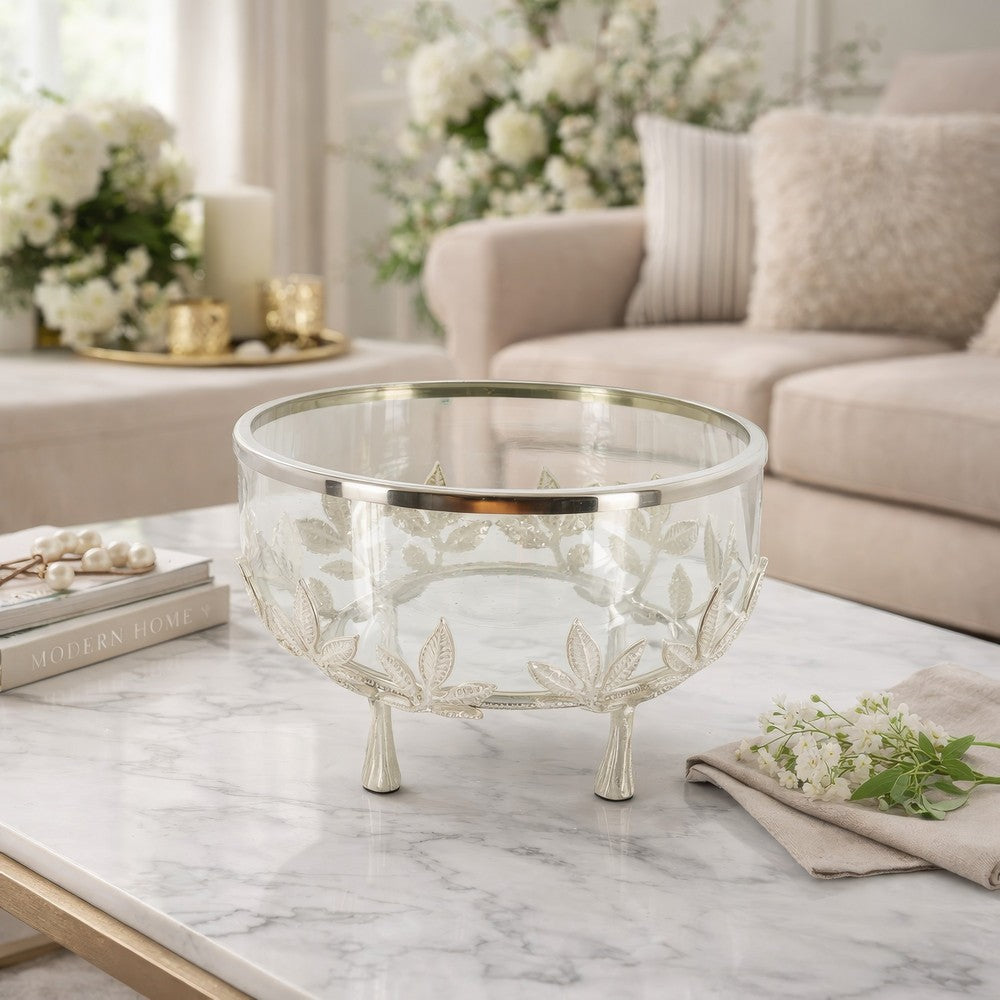 Dyna 13" Decorative Bowl w Fine Glass & Floral Silver Aluminum Stand