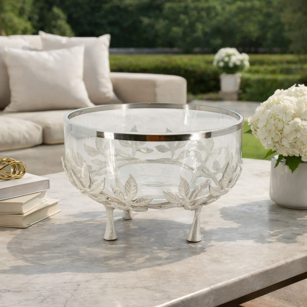 Dyna 13" Decorative Bowl w Fine Glass & Floral Silver Aluminum Stand