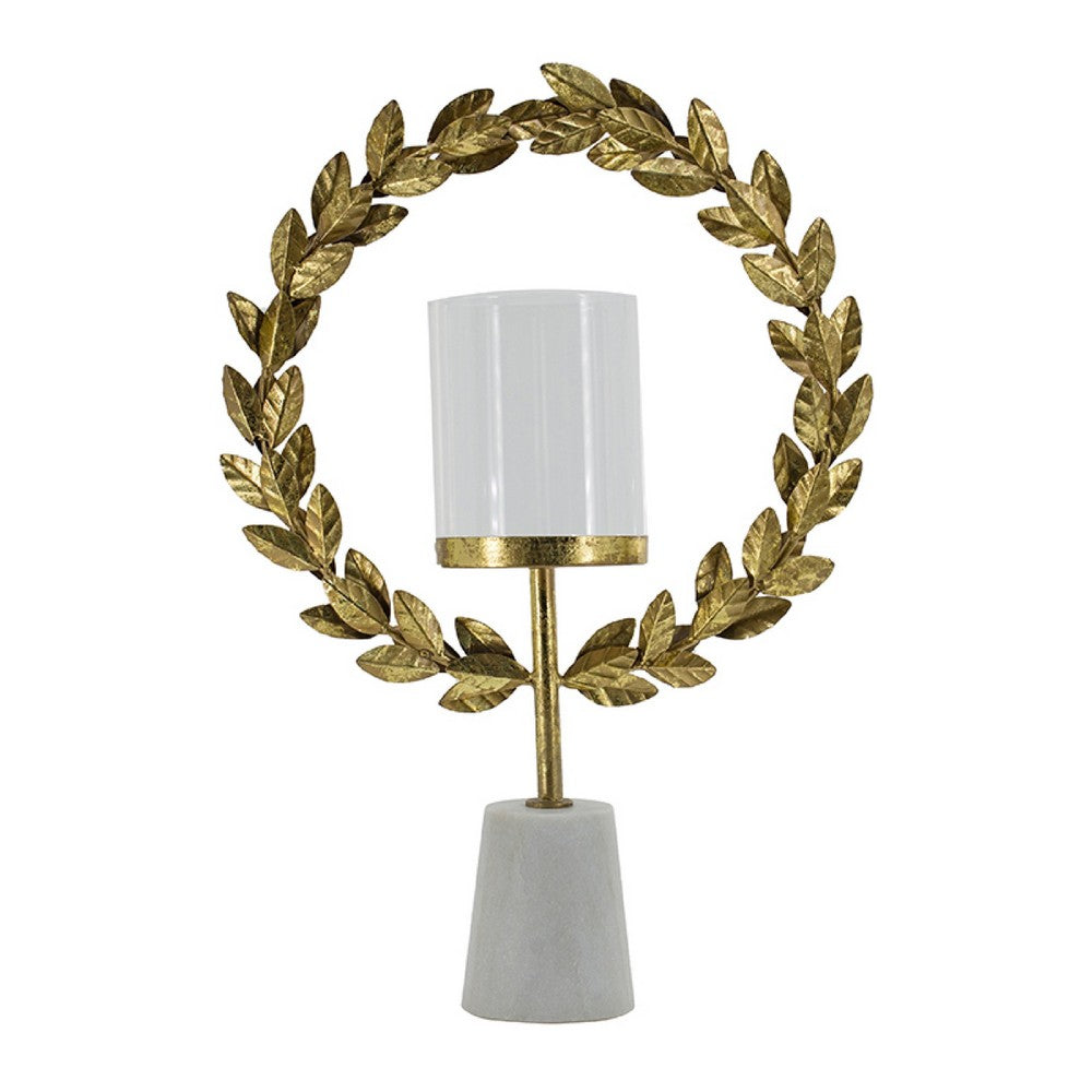 Gigi Candle Holder | Marble Base | Gold Leaf Wreath Ring | White Glass 20"