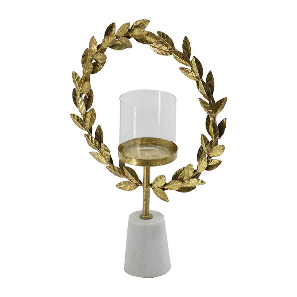 Gigi Candle Holder | Marble Base | Gold Leaf Wreath Ring | White Glass 20"