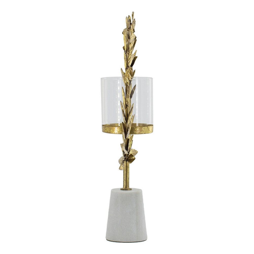 Gigi Candle Holder | Marble Base | Gold Leaf Wreath Ring | White Glass 20"