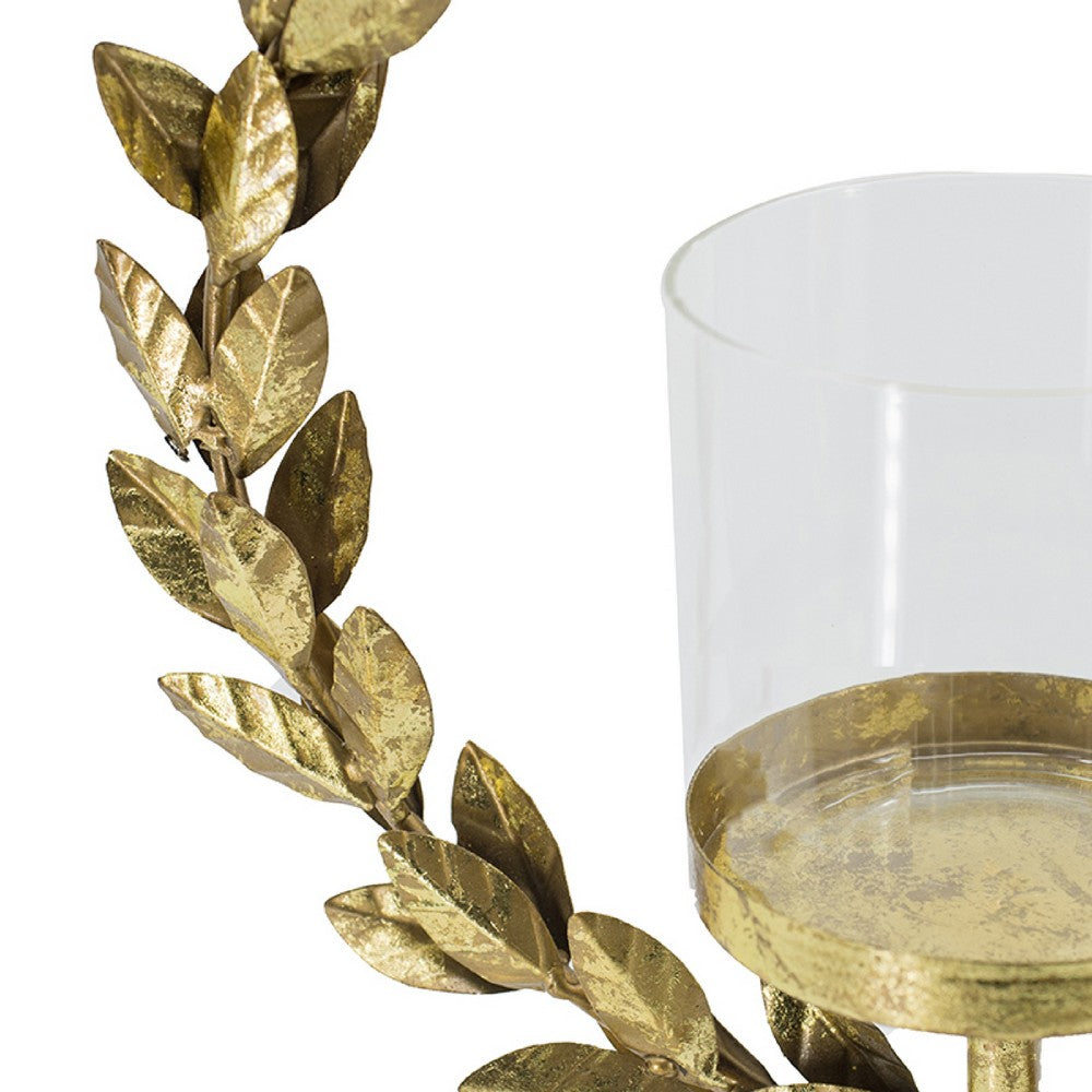 Gigi Candle Holder | Marble Base | Gold Leaf Wreath Ring | White Glass 20"