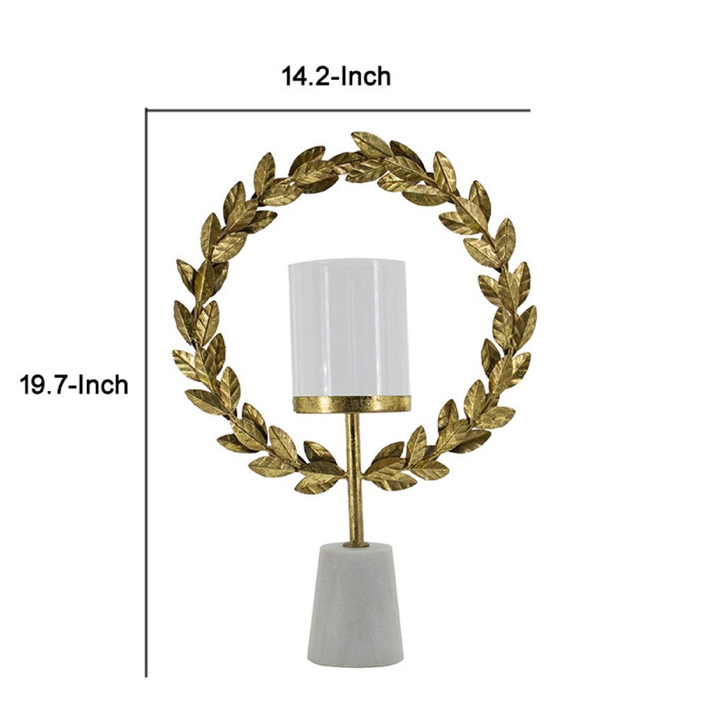 Gigi Candle Holder | Marble Base | Gold Leaf Wreath Ring | White Glass 20"