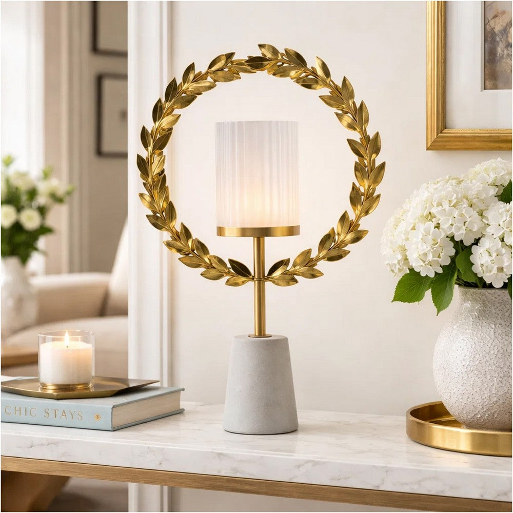 Gigi Candle Holder | Marble Base | Gold Leaf Wreath Ring | White Glass 20"