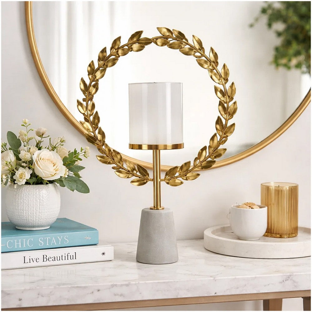 Gigi Candle Holder | Marble Base | Gold Leaf Wreath Ring | White Glass 20"