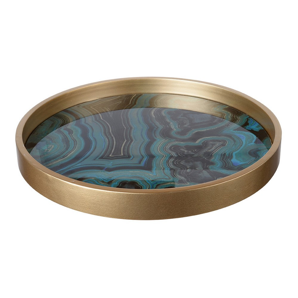Jemin Decorative Tray w Swirl Patterns | Gold MDF Rim | Blue Glass 18"