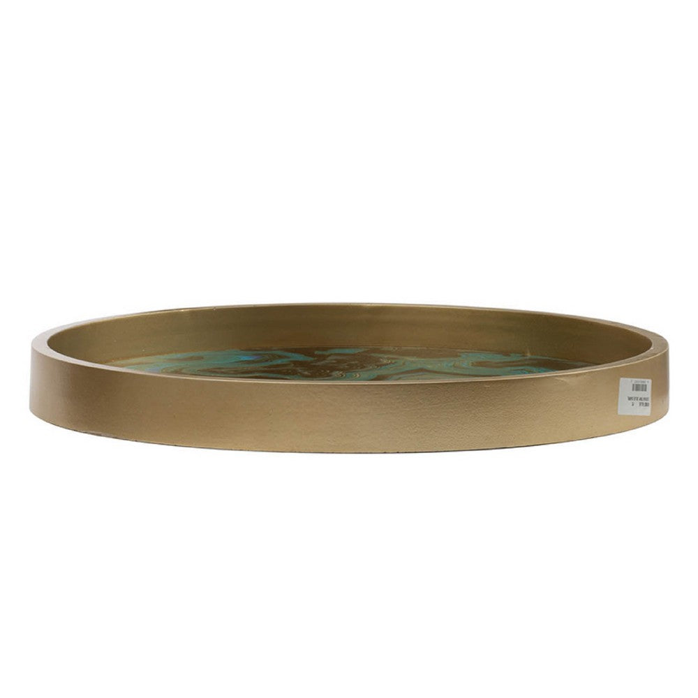 Jemin Decorative Tray w Swirl Patterns | Gold MDF Rim | Blue Glass 18"