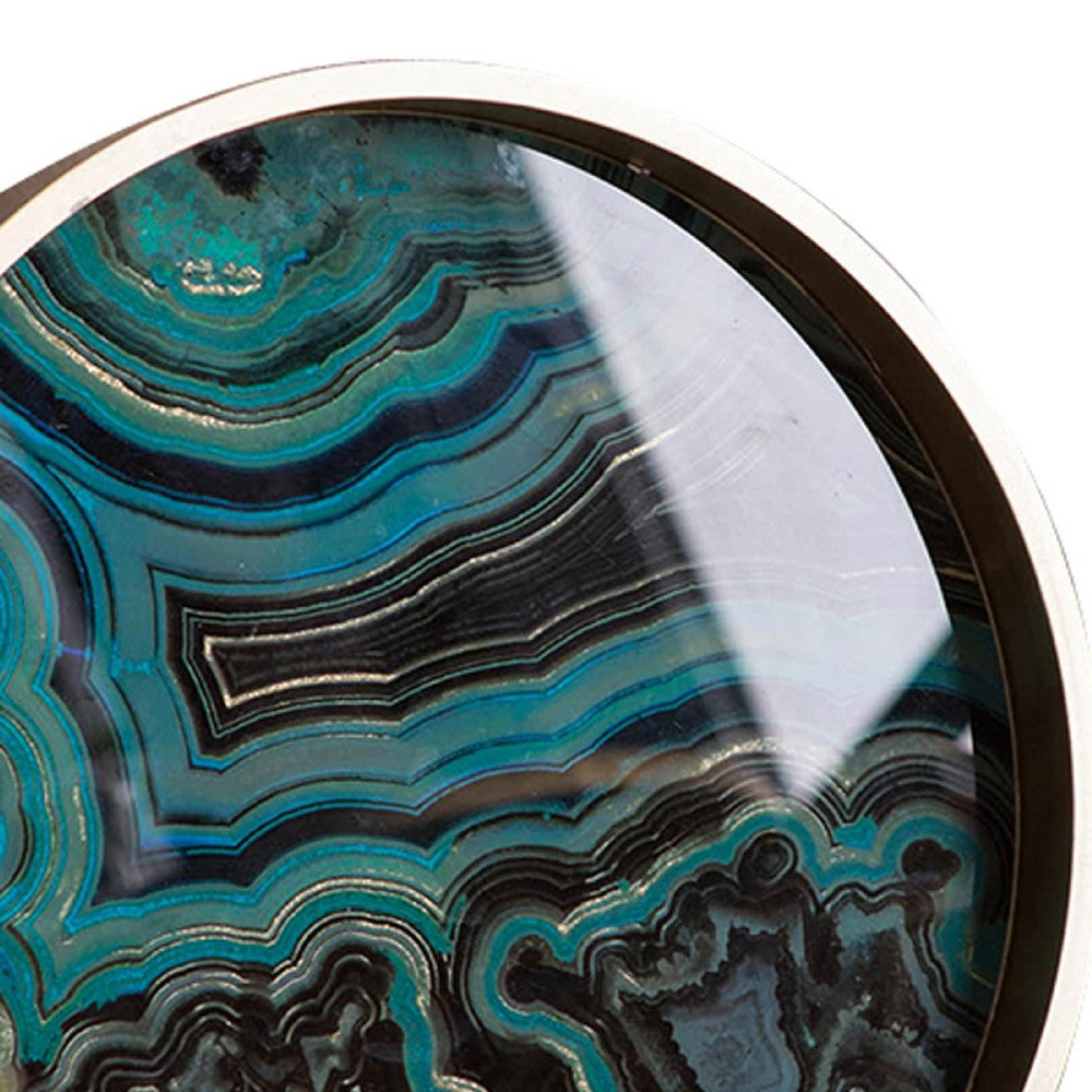 Jemin Decorative Tray w Swirl Patterns | Gold MDF Rim | Blue Glass 18"