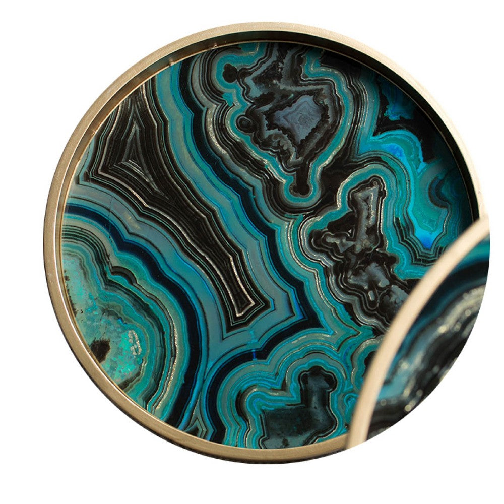 Jemin Decorative Tray w Swirl Patterns | Gold MDF Rim | Blue Glass 18"