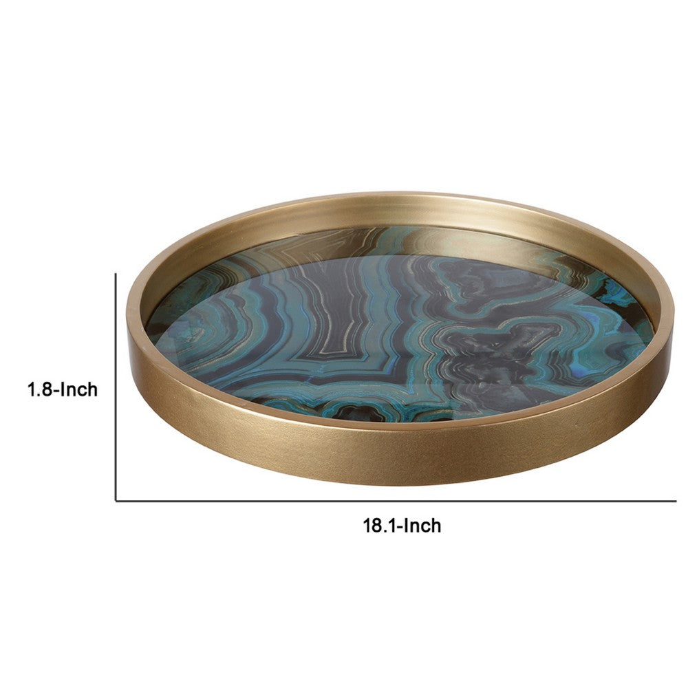 Jemin Decorative Tray w Swirl Patterns | Gold MDF Rim | Blue Glass 18"