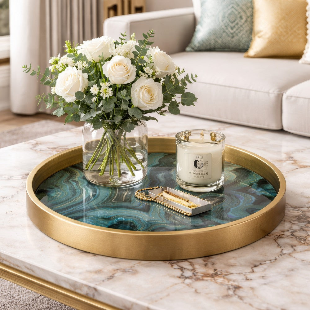 Jemin Decorative Tray w Swirl Patterns | Gold MDF Rim | Blue Glass 18"