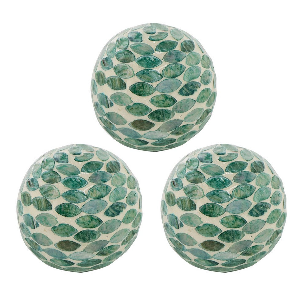 Sunny Decorative Ball Set of 3 | Capiz Shell Details | Green Ceramic 12"