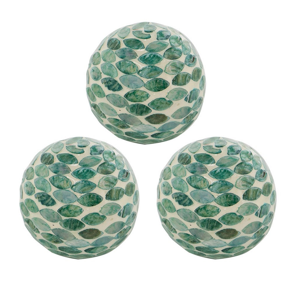 Sunny Decorative Ball Set of 3 | Capiz Shell Details | Green Ceramic 12"